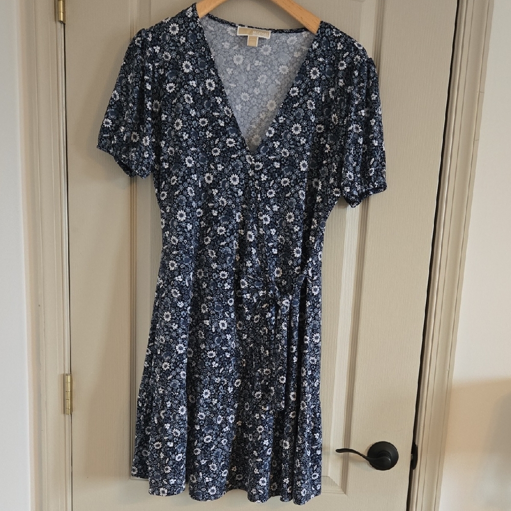 Michael Kors Navy Floral Wrap-Style Mini Dress